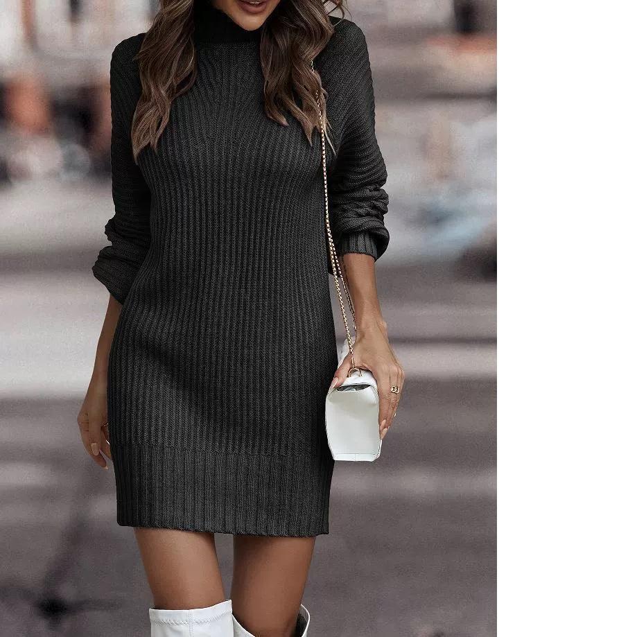 

Женское вязаное платье-свитер с высоким воротником и длинным рукавом, новый осенне-зимний стиль, трансграничная мода, элегантная и стильная женская одежда XS чёрный