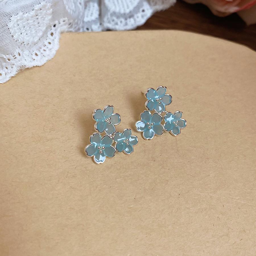 Blue Oil Drop Crystal Flower Round Earrings Stud Earrings Design Sense Niche