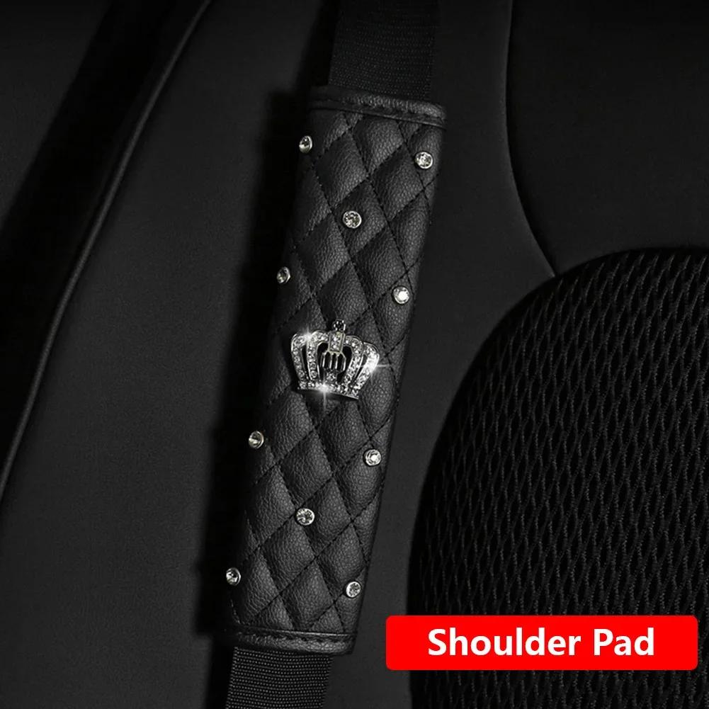 Crown Crystal Car Seat Belt Cover Rhinestones Leather Seat Belt Shoulder Pad Diamond Shifter Gear Cover Hand Brake Covers Sets