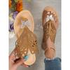 Summer Round Toe Clip Toe Rhinestone Bow Large Size Beach Slippers Women's Flat Comfortable