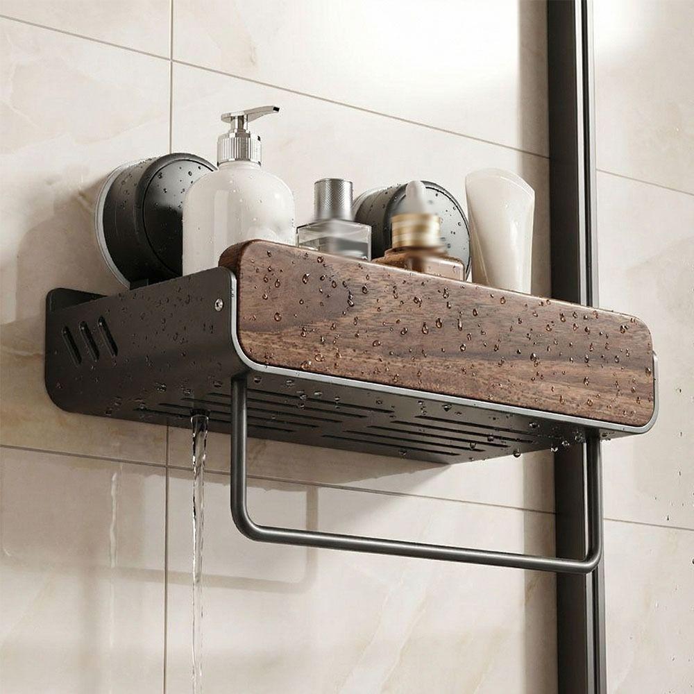 Mid-Century Modern Bathroom Shelf Walnut Finish Strong Grip Bathroom Storage Rack Space Saving Drill-Free Wall Mounted Organizer