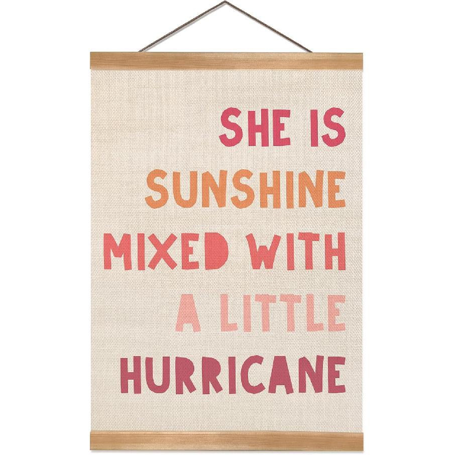 Pink Girls Room Decor Poster, She Is Sunshine Mixed with a Little Hurricane Wall Art Posters, Girls Room Decor, pirational Quote Hanging Banner for