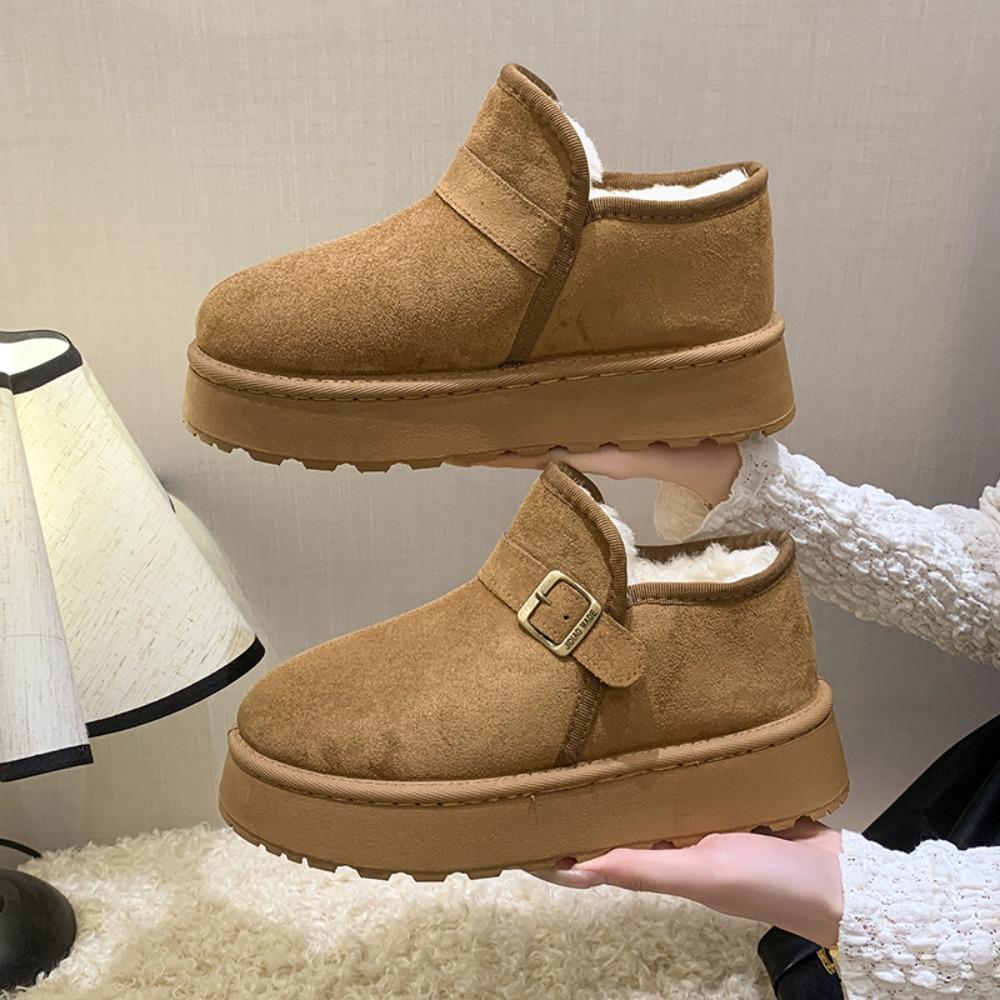 Fashion Metal Buckle Snow Boots Winter New Round Toe Spliced Suede Platform Casual Comfortable Flat Cotton Boots for Women