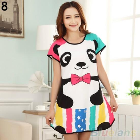 Cute Women Cartoon Panda Sleepwear Pajamas Short Sleeve Sleepshirt Nightdress