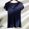 T-shirt da Donna Bianca Scollo a V Orlo Sfilacciato Manica Corta Aderente Morbida Elastica Casual Base
