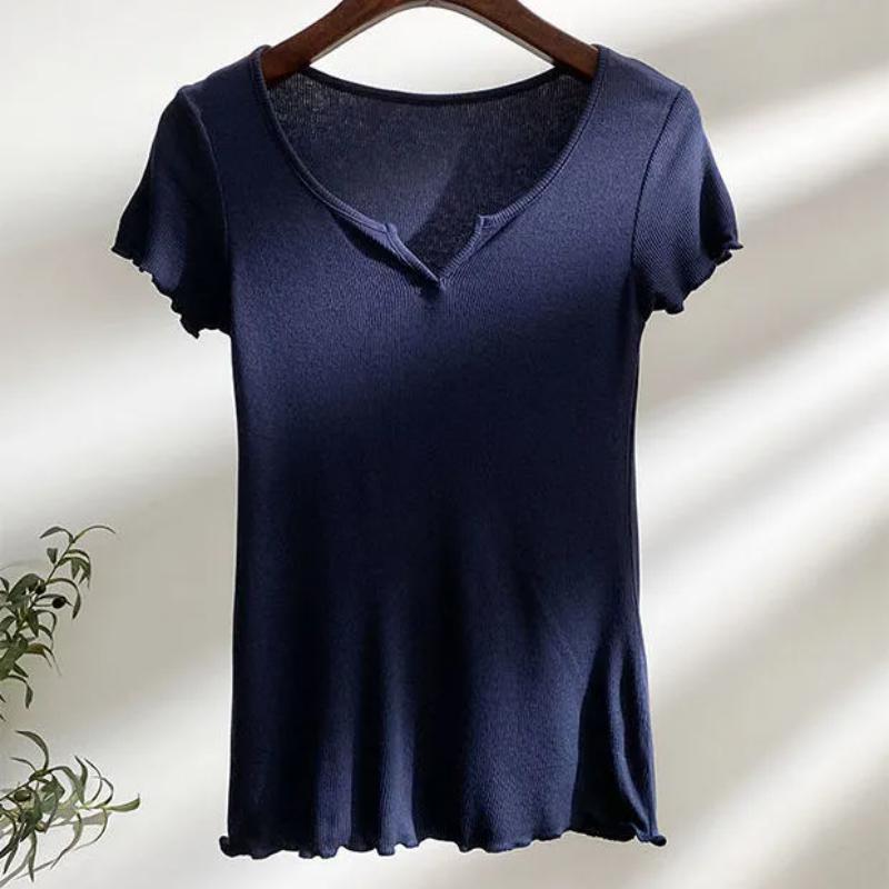 T-shirt da Donna Bianca Scollo a V Orlo Sfilacciato Manica Corta Aderente Morbida Elastica Casual Base