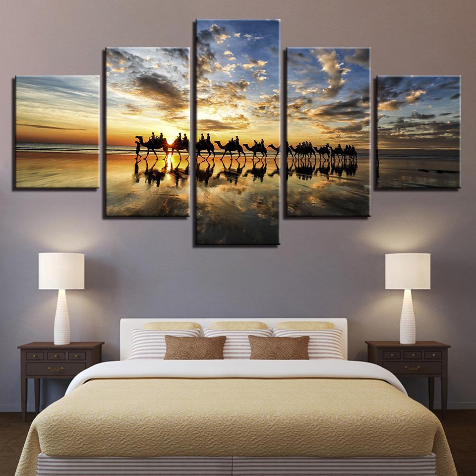 Canvas Painting 5 Pieces Beach Sunset Seaside Camels Team Paintings Wall Art HD Prints Posters Framework Living Room Home Decor