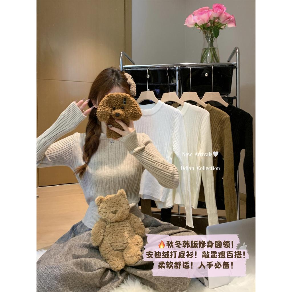 Pit strip crew neck sweater women's spring new thickened slim fit with knitted bottoming shirt short top
