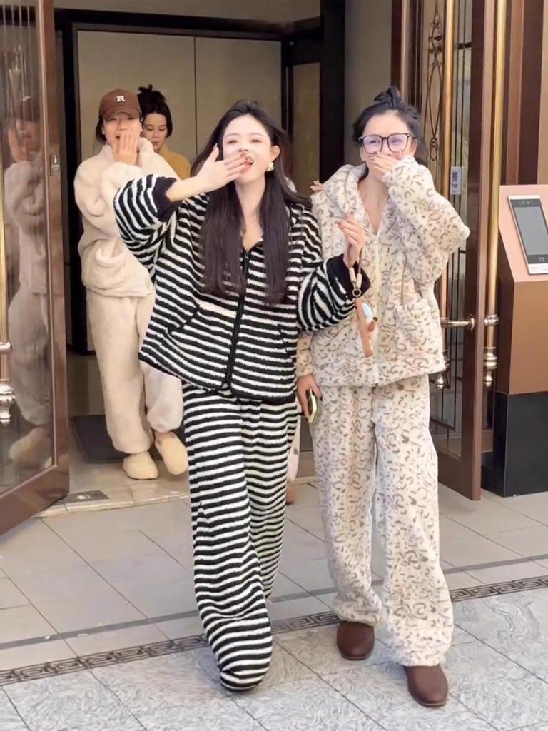 Women's Striped Hooded Coral Fleece Pajamas, Winter 2025 Trend, Outdoor-Ready Fleece-Lined Homewear