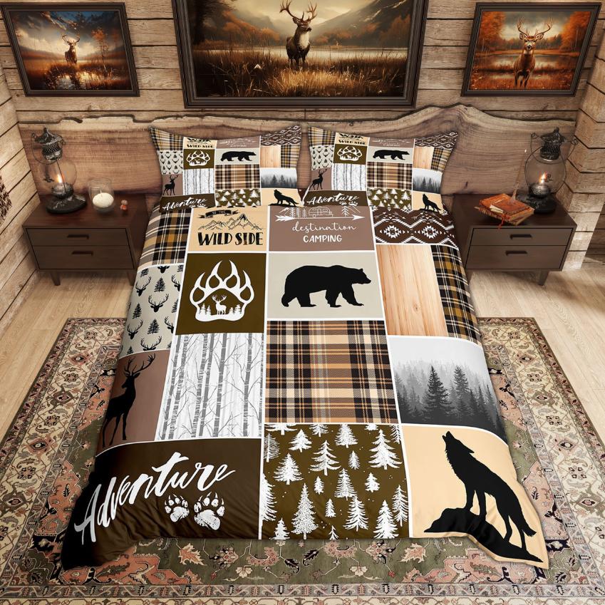 Homewish Rustic Deer Bear Duvet Cover Set Woodland Animal Checkered Quilt Cover Set Farmhouse Lodge Cabin Bedding Set