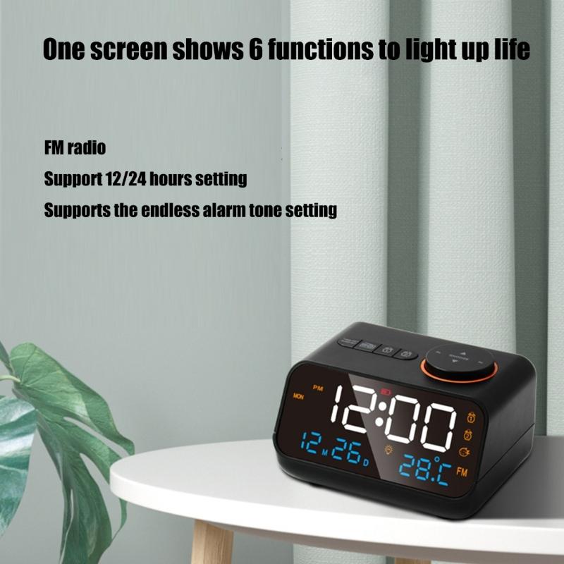 12/24 Hour Clock FM Radio LED Alarm Clocks with USB Charging and Temperature Humidity Display for Bedside Use