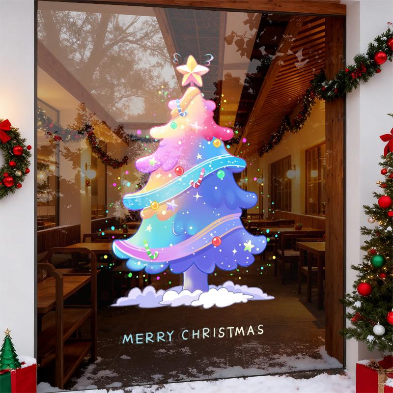 Colorful Christmas Tree Decorations, Shop Windows, Shopping Mall Atmosphere, Glass Doors, Stickers and Window Decorations