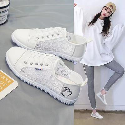 Women's Lace Breathable White Shoes Korean Style Mesh Flat Sneakers
