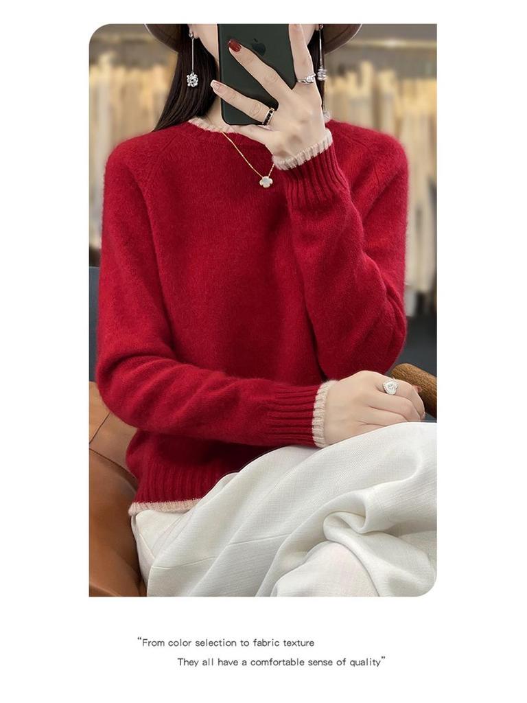 Damen Colorblock Rundhals Schlankmachender Wollstrick Pullover & Basisschicht