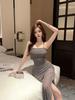 Pure desire style new Chinese sexy mesh suspender dress women's summer design sense split fork Spice girl waist hip long dress