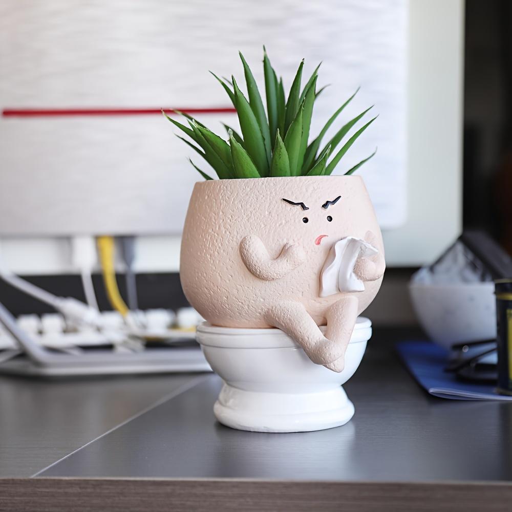 Whimsical Face Planter Pot,Double Layered Resin Vase with Drainage Hole, Cute Toilet Design for Indoor/Outdoor Decor, Contemporary Geometric Pattern