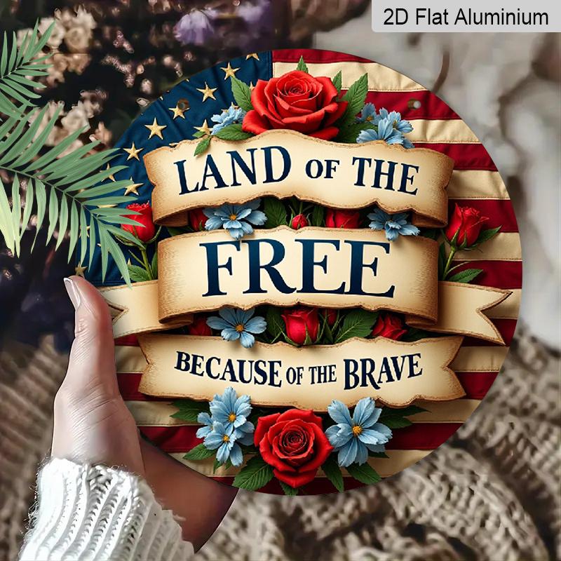 2D Flat, "Land of the Free, Because of the Brave" Patriotic Wreath Flag - Vintage Style Art, 7.87x7.87 Inches Decor for Home, Garden, Bar, Cafe