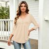 Womens 3/4 Sleeve V Neck Button Detail Solid Color Casual Loose Fit Tunic Top with Gathered Waist and Rounded Hem
