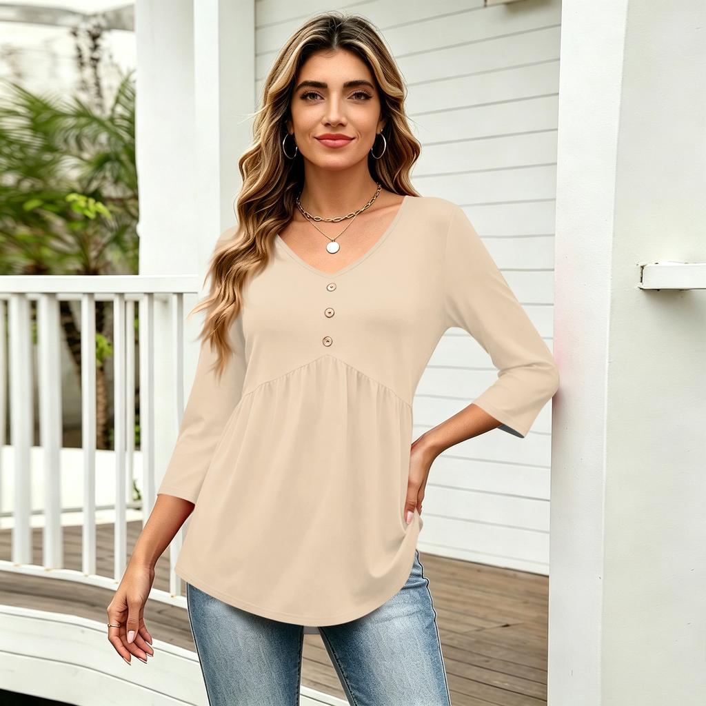Womens 3/4 Sleeve V Neck Button Detail Solid Color Casual Loose Fit Tunic Top with Gathered Waist and Rounded Hem