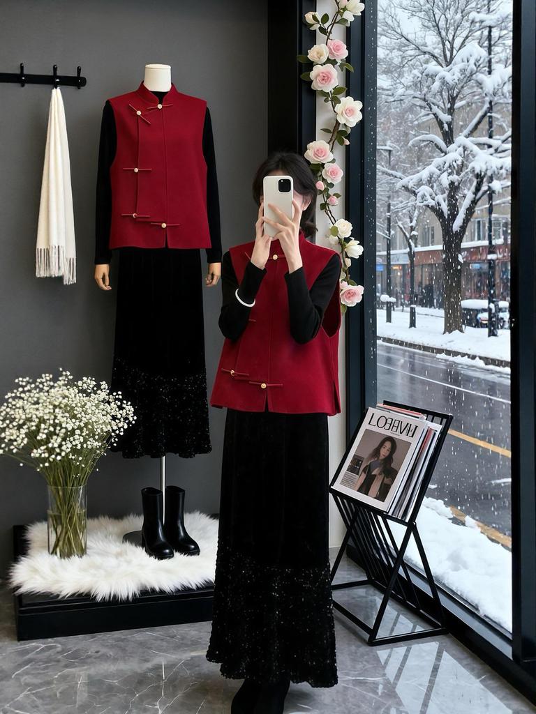 Damen Set Herbst/Winter 2025 Chinesischer Nationalstil: Froschknopf-Weste, Langarm-Oberteil und Rock