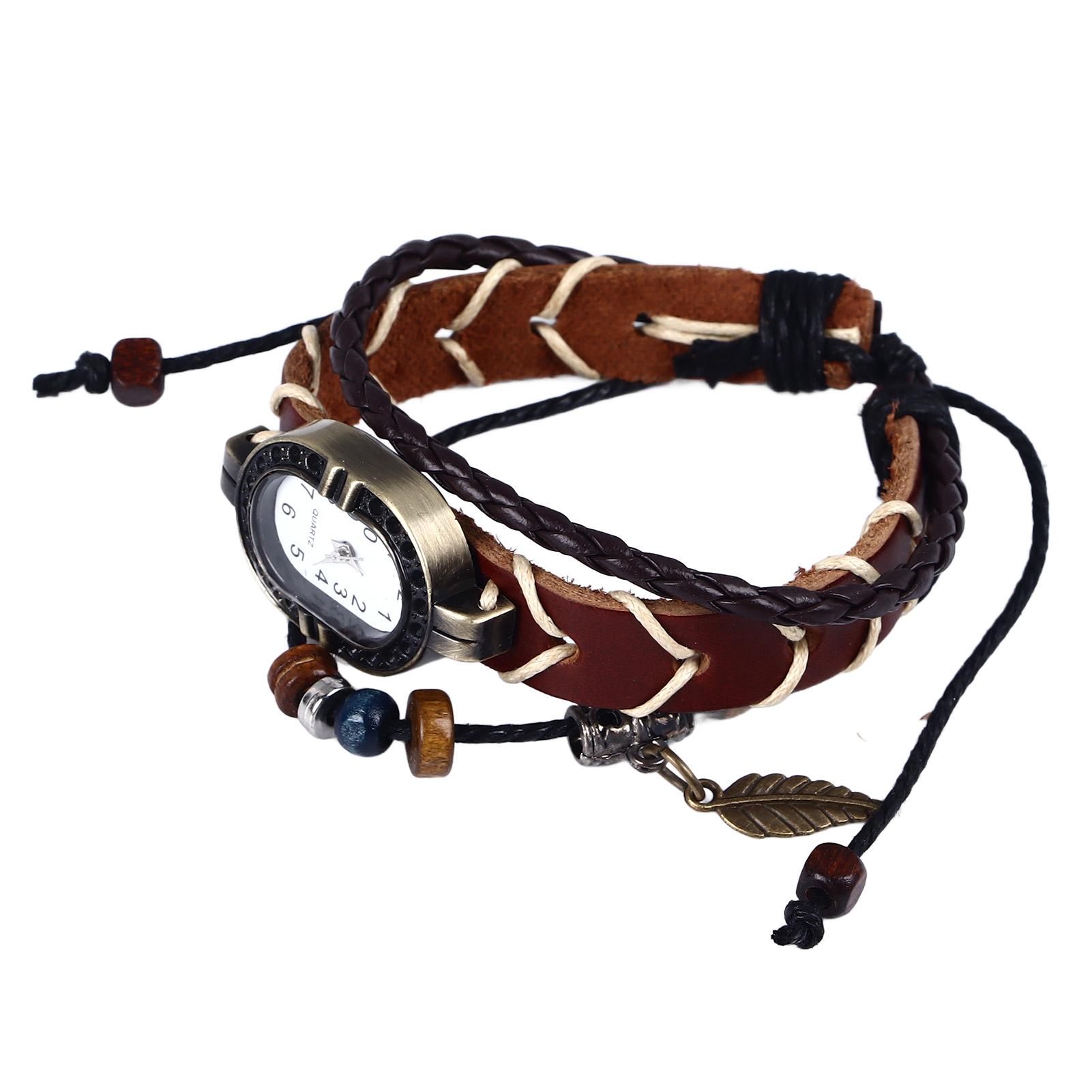 

Винтажные часы с бусинами, тканый браслет из бисера с листьями, модные кварцевые наручные часы для мужчин и женщин