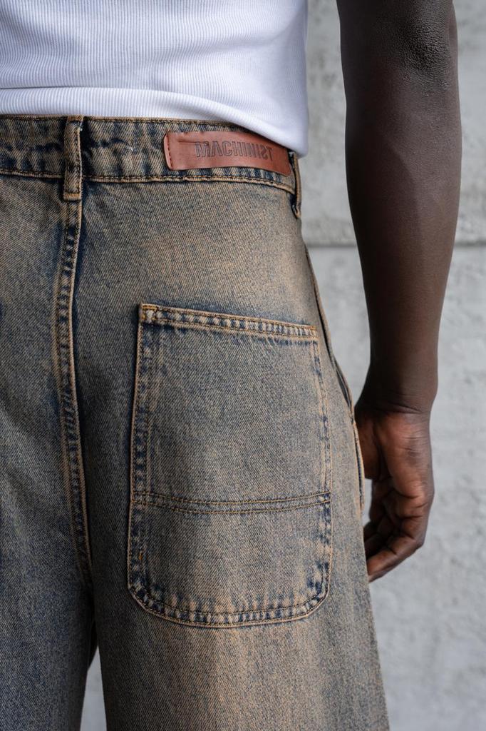 Męskie Spodnie Jeansowe Basic Balloon Fit Baggy - Brązowo Niebieski