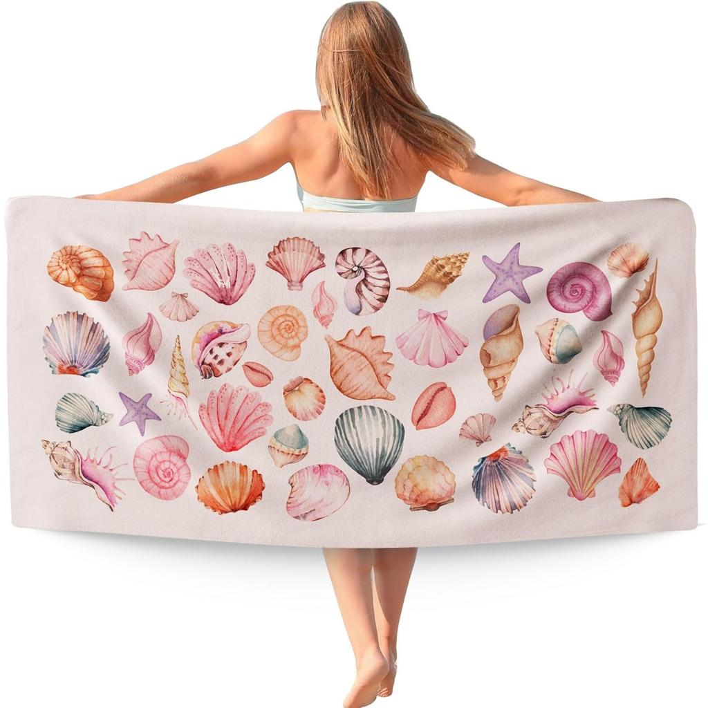Coastal Pastel Seashell Beach Towels Oversized Gifts for Women Girls, Preppy Girly Coastal Ocean Quick Dry Travel Sand Free