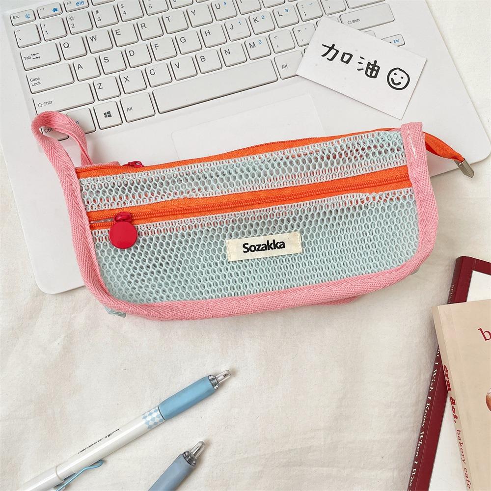 Retro Color Transparent Pencil Bag Nylon Zipper Stationery Bag Portable Mesh Pencil Case  Outdoor