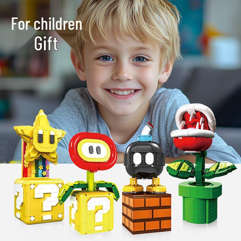 Adult Mario Star Piranha Plant & Fire Flower Building Blocks Set