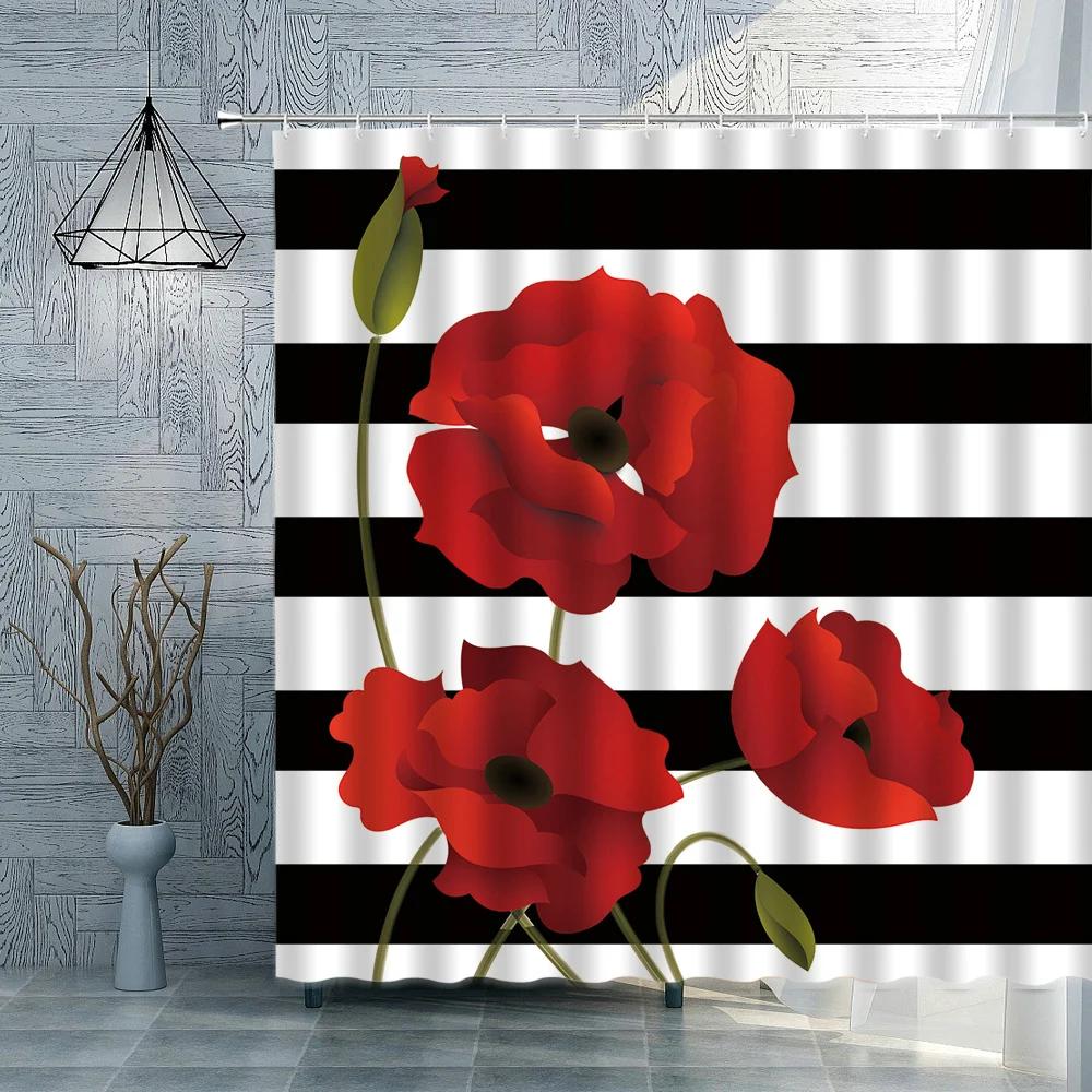 Rose Sunflower Shower Curtain Flower Green Plants Butterfly Bathroom Bath Curtains Waterproof Polyester Cloth Home Decoration