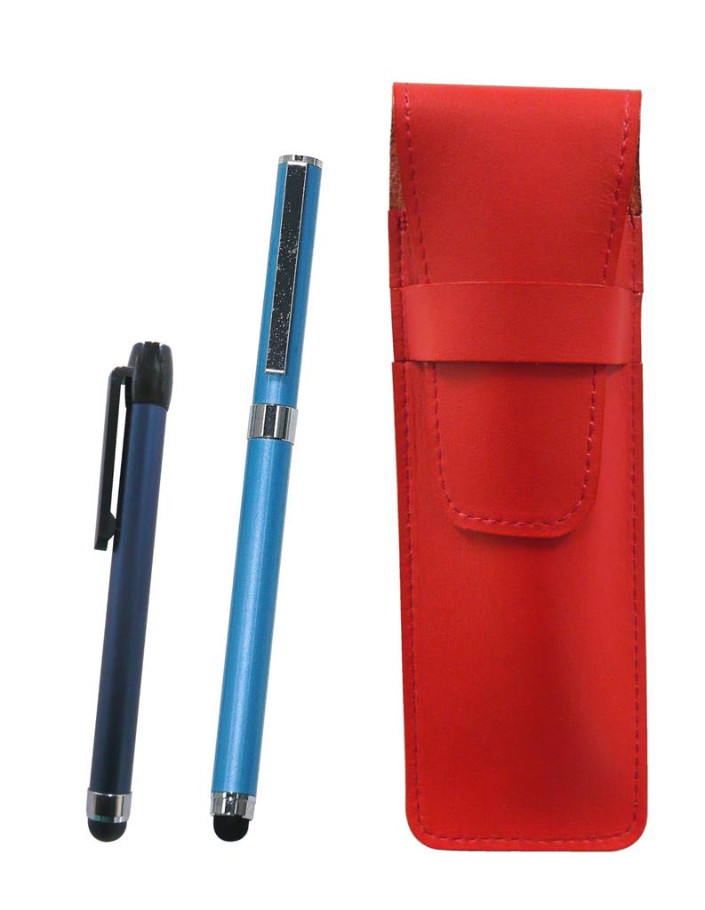 slim leather pencil case in with a blue metal touch stick and a blue smartphone touch ballpoint pen with metal cap Two-pack red, (ASR-ALL-QSJW700-L-2)