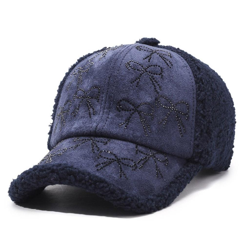 

Fashion Adjustable Women s Hats Lamb Wool Warm Baseball Caps with Hot Pressed Diamond Bow Pattern Caps for Women