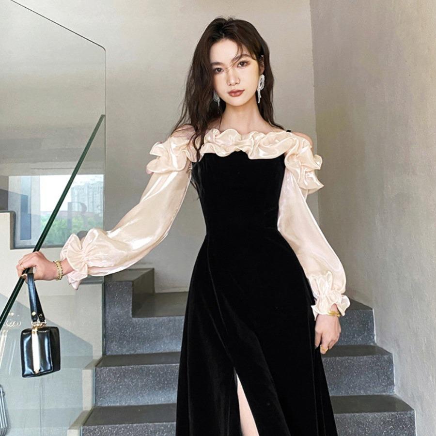One-word Shoulder Evening Dress Skirt Banquet Black Temperament High-end Sense Niche Socialite Ruffle Edge Host Split Long Dress