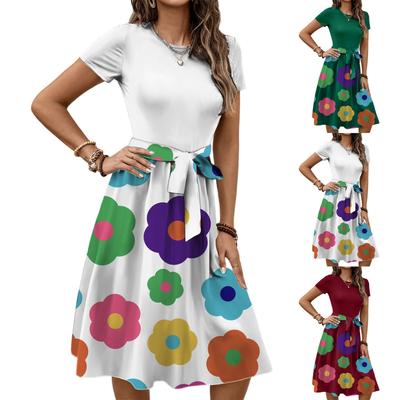Women's Fashionable Retro Patterned Printing Color Blocked Belt Casual Dress