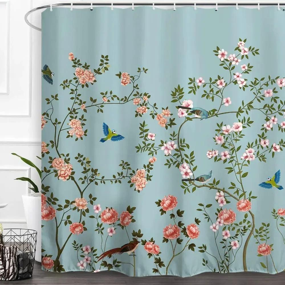 Chinese Retro Floral Shower Curtain Teal Pink Flower Flying Bird Plant Leaf Waterproof Washable Bathroom Decor With Hook Screen
