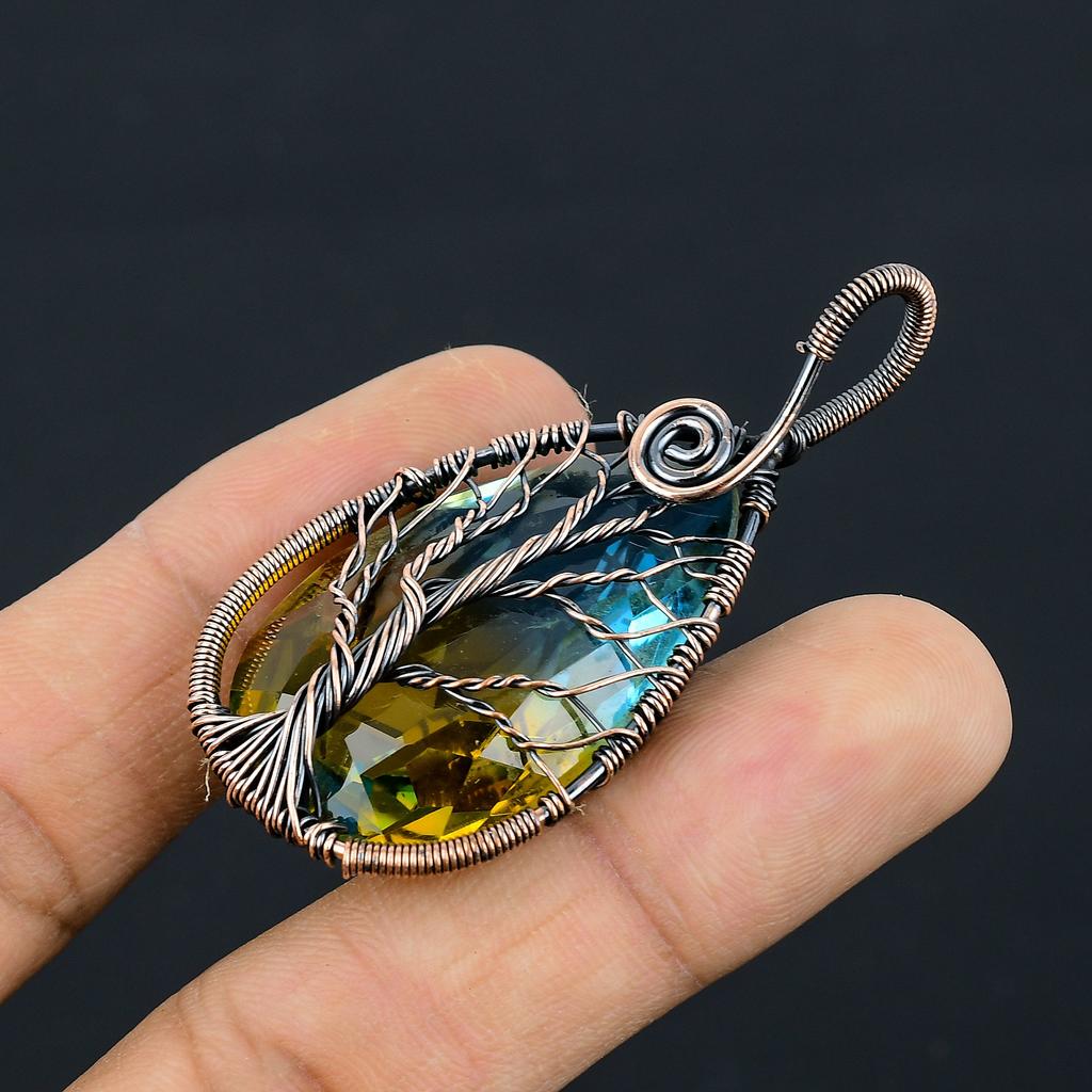 Natural Bi Color Tourmaline Gemstone Copper Wire Wrap Jewely Pendant 2.4" E9J97