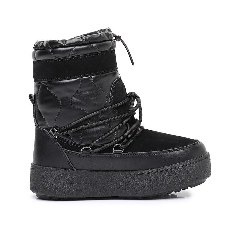 Schneestiefel Damen Lammwolle Innen Schneeschuhe Plateau Leder Thermisch Kurze Stiefel Kordelzug Riemen Damenstiefel