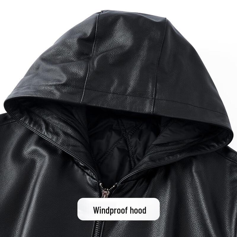 Futing Men's Top-Layer Cowhide Hooded Padded Leather Jacket