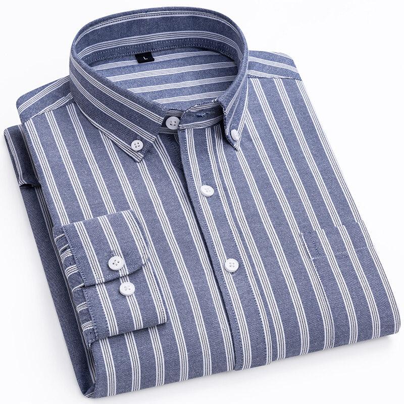 Spring Autumn Men's Business Casual Shirts Fashion Striped Long Sleeve Square Collar Oxford Textile Shirt Male Tops Plus Size