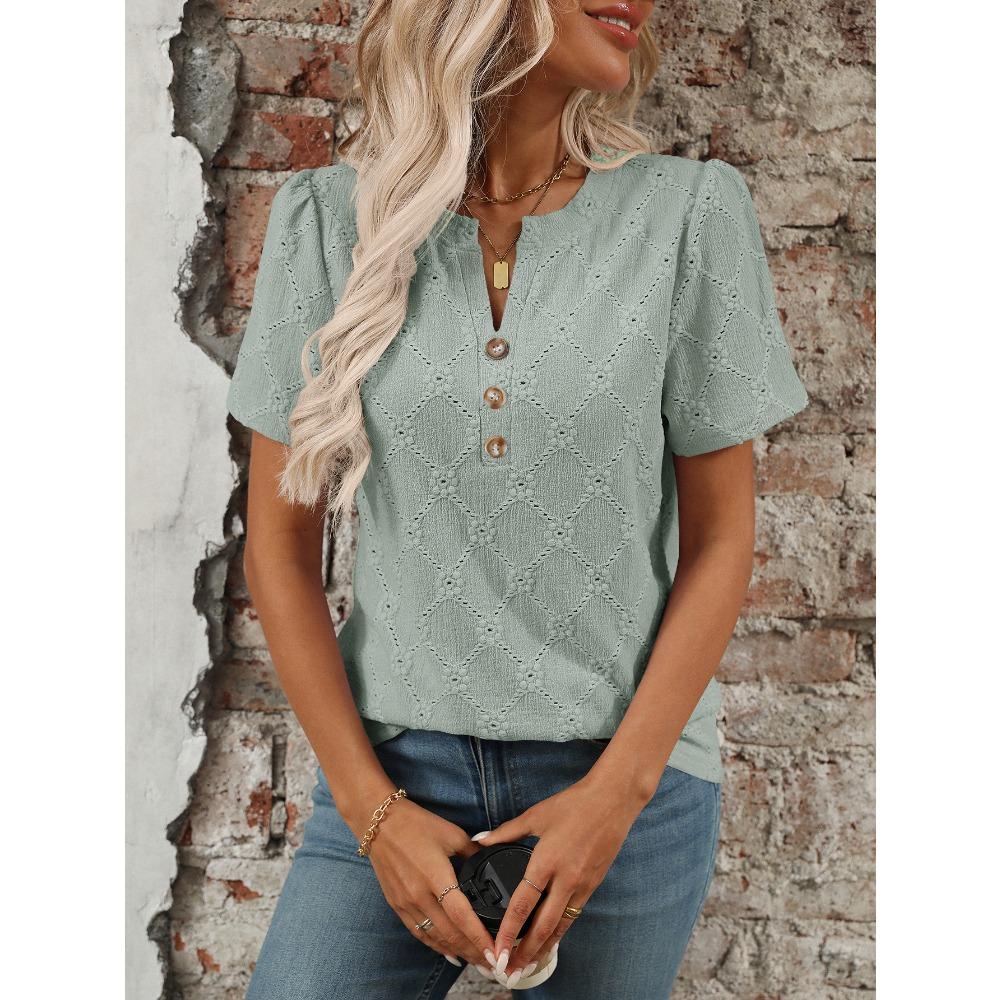 Ny sommer topp med rund hals og korte ermer med blomsterjacquard og knapper for kvinner
