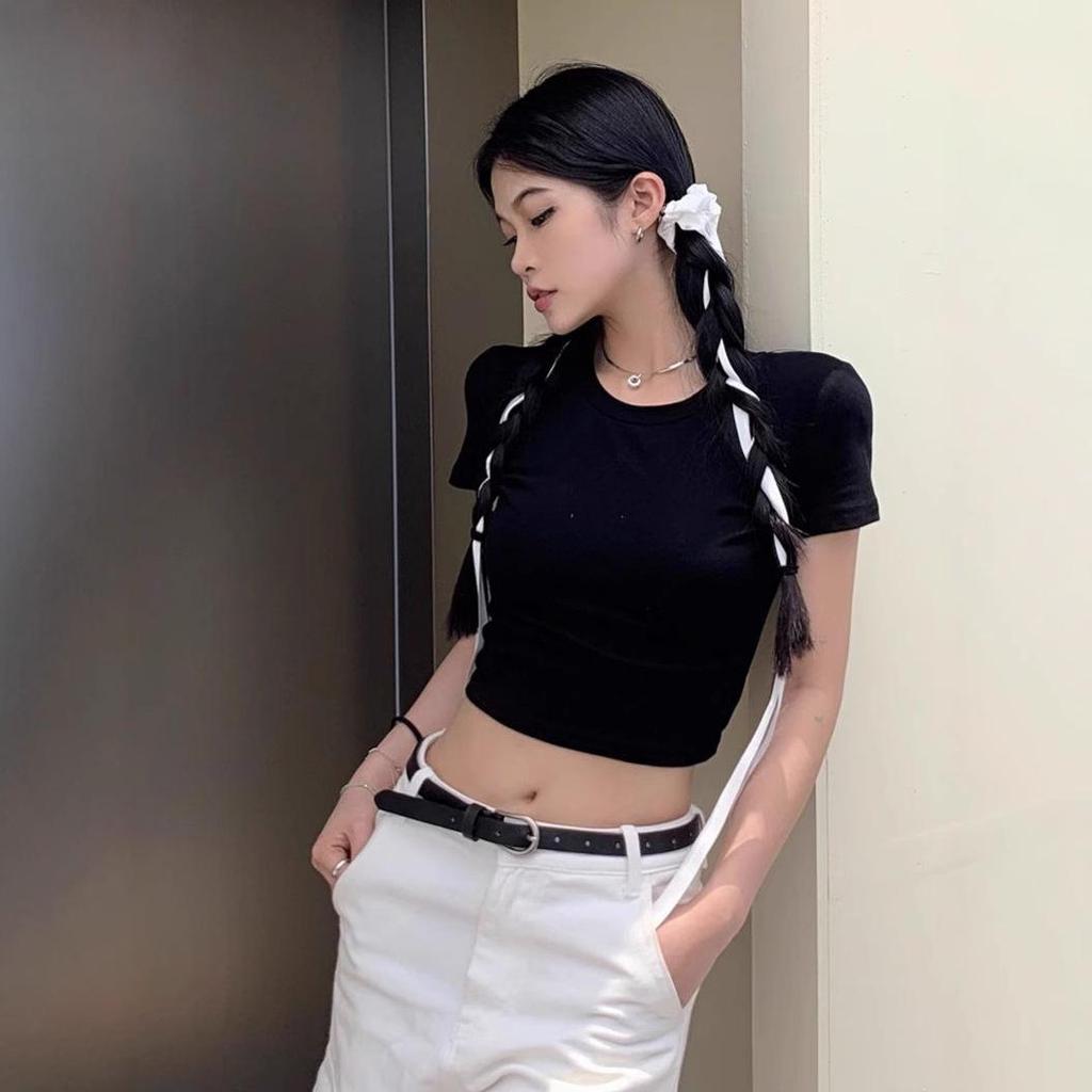 Women's Short-Sleeve High-Waisted Summer T-Shirt with Hollow Back Design