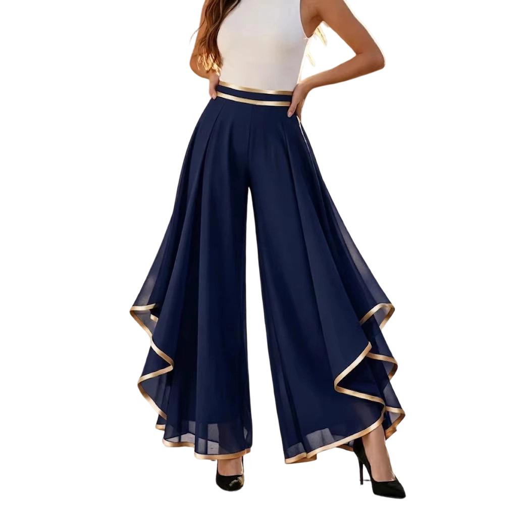 High Waist Wide Leg Pants Layered Chiffon Trousers with Contrast Trim and Casual Loose Fit for Women