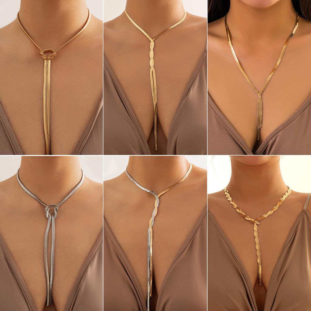 Hip-Hop Metal Wind Snake Bone Chain Necklace, Trendy Geometric Long Woven Collarbone Necklace