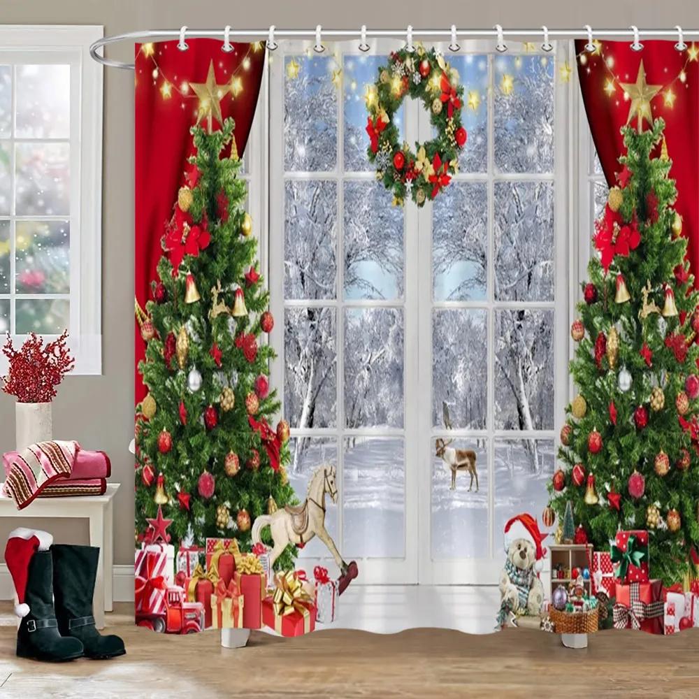 

Рождественская вечеринка Шторы для душа Камин Рождественская елка и подарки Снеговик Снежная сцена Моющаяся штора для душа Искусство Декор для ванной 220x180cm-86x70in