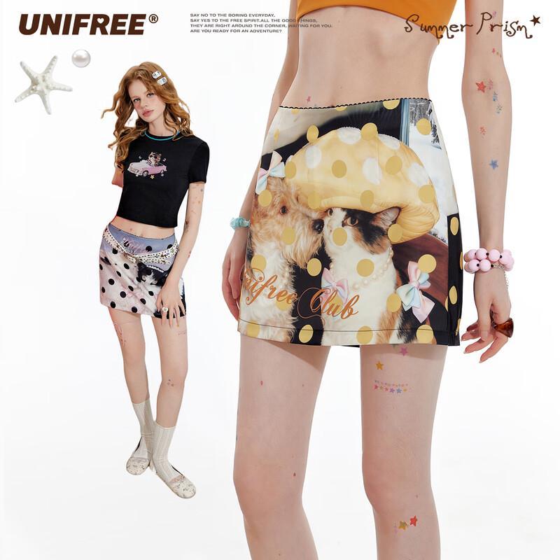 UNIFREE Sweet & Spicy Cute Pet Print Lace A-Line Skirt M