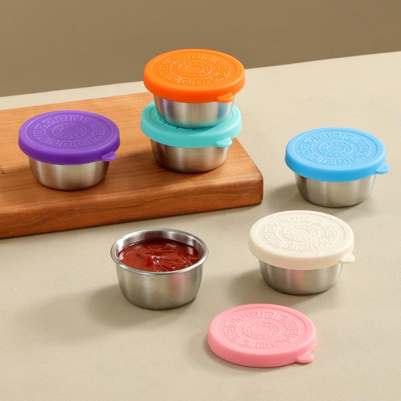 Leakproof Stainless Steel Dipping Sauce Cups Reusable Sauce Cups Silicone Stretch Lids Leakproof Portable Food Storage Box