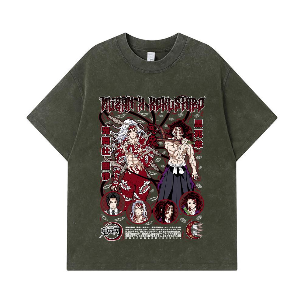 

275 GSM Washed T-shirts 100% Cotton Demon Slayer V14 Muzan Kokushibo Print Unisex Heavy Cotton T Shirt S армия зеленый