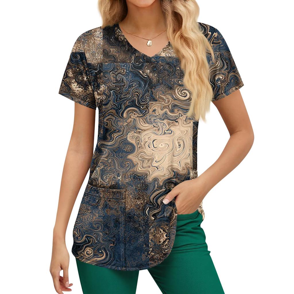 Plus Size Printed Scrub Working Uniform Tops For Women's V-Neck Print Short Sleeve Fun T-Shirts Workwear Tee With Pockets
