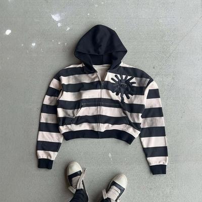 Y2K Streetwear Hooded Zip-Up Sweater With Embroidered Stripes Gothic Punk Aesthetic Womens Oversized Long Sleeve Top
