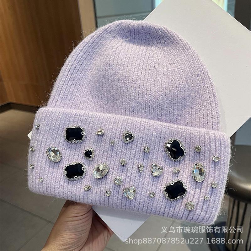 Trendy Fashion Rhinestone Wool Hat Women's Group Style Versatile Pullover Cold Hat Autumn and Winter Warm and Cold-proof Knitted Hat